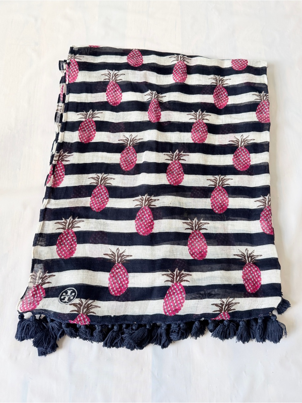 Tory Burch Karrington Pineapple Striped Tassel Scarf Navy Pink Logo Sheer 30×70